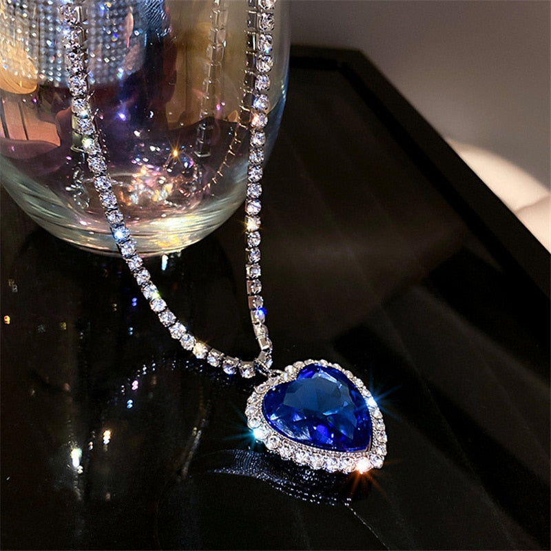 FYUAN Blue Heart Crystal Necklaces for Women Long Chain Pendant Necklaces Statement Jewelry