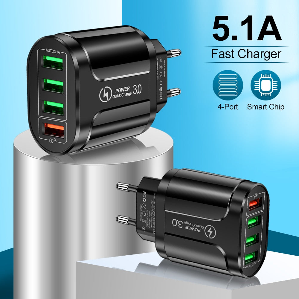 45W USB Charger Fast Charge QC 3.0 Wall Charging For iPhone 12 11 Samsung Xiaomi Mobile 4 3 Ports EU US Plug Adapter Travel