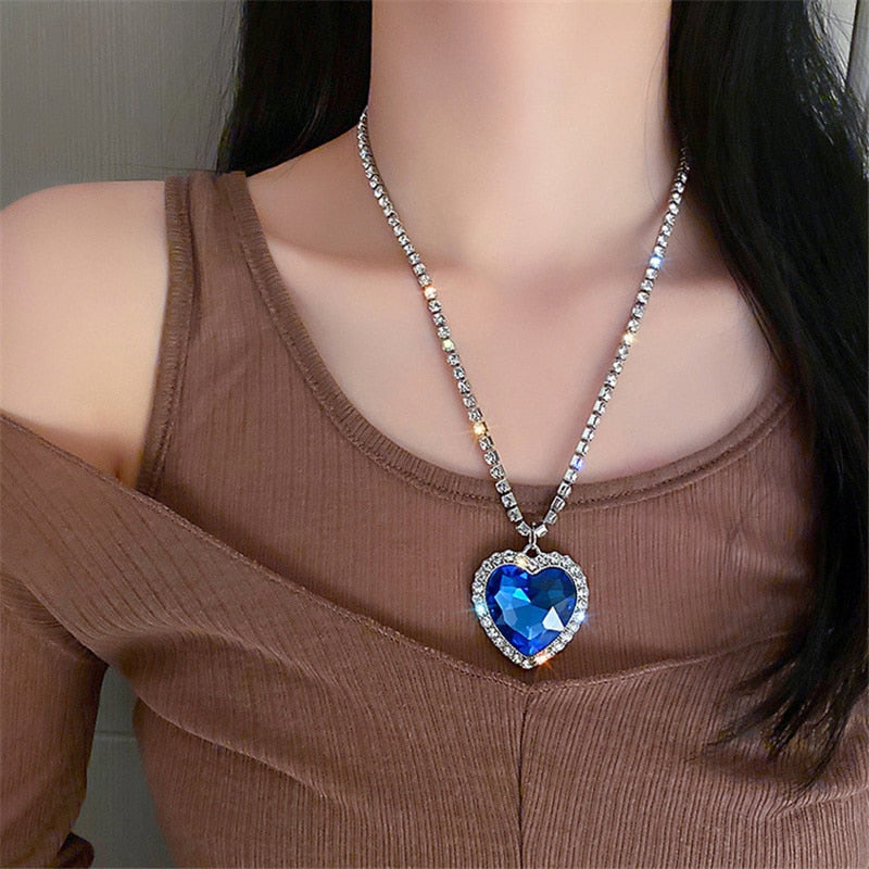 FYUAN Blue Heart Crystal Necklaces for Women Long Chain Pendant Necklaces Statement Jewelry