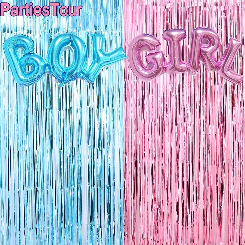 Gender Reveal Decor Metallic Fringe Curtains Blue BOY Pink Girl Foil Balloons Pink Blue Fringe Curtains Gender Reveals Supplies