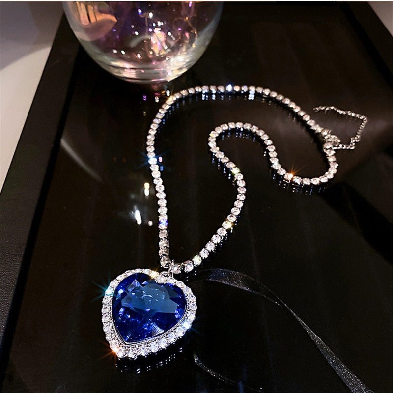 FYUAN Blue Heart Crystal Necklaces for Women Long Chain Pendant Necklaces Statement Jewelry