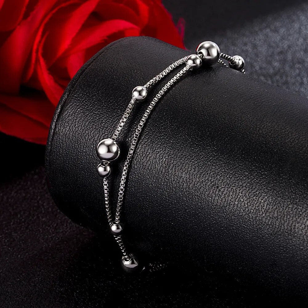 Women's 100% 925 Sterling Silver Anklet Minimalist Bead Box Chain Ankle Bracelet Summer Charm Jewelry Beach Foot Accessories