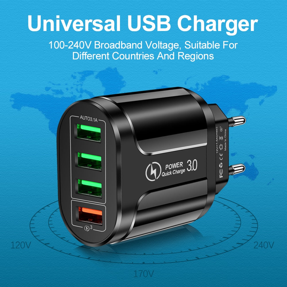 45W USB Charger Fast Charge QC 3.0 Wall Charging For iPhone 12 11 Samsung Xiaomi Mobile 4 3 Ports EU US Plug Adapter Travel