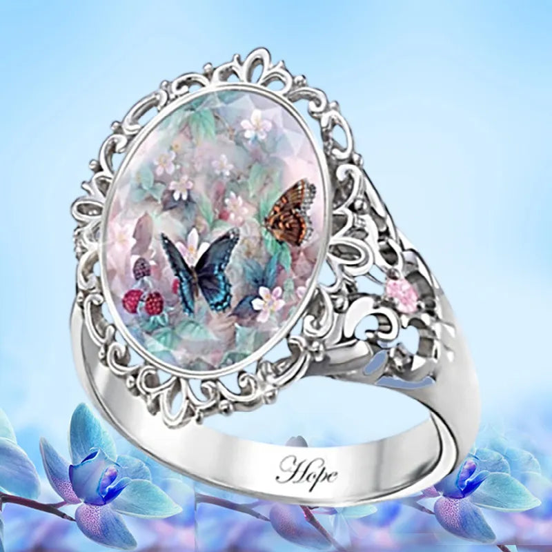 Fashionable income, exquisite flowers, butterfly rings, colorful butterflies dancing among the flowers, engagement gifts