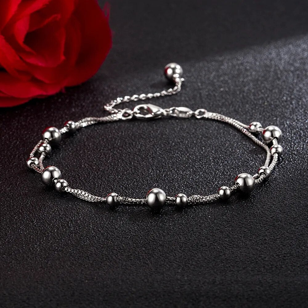 Women's 100% 925 Sterling Silver Anklet Minimalist Bead Box Chain Ankle Bracelet Summer Charm Jewelry Beach Foot Accessories