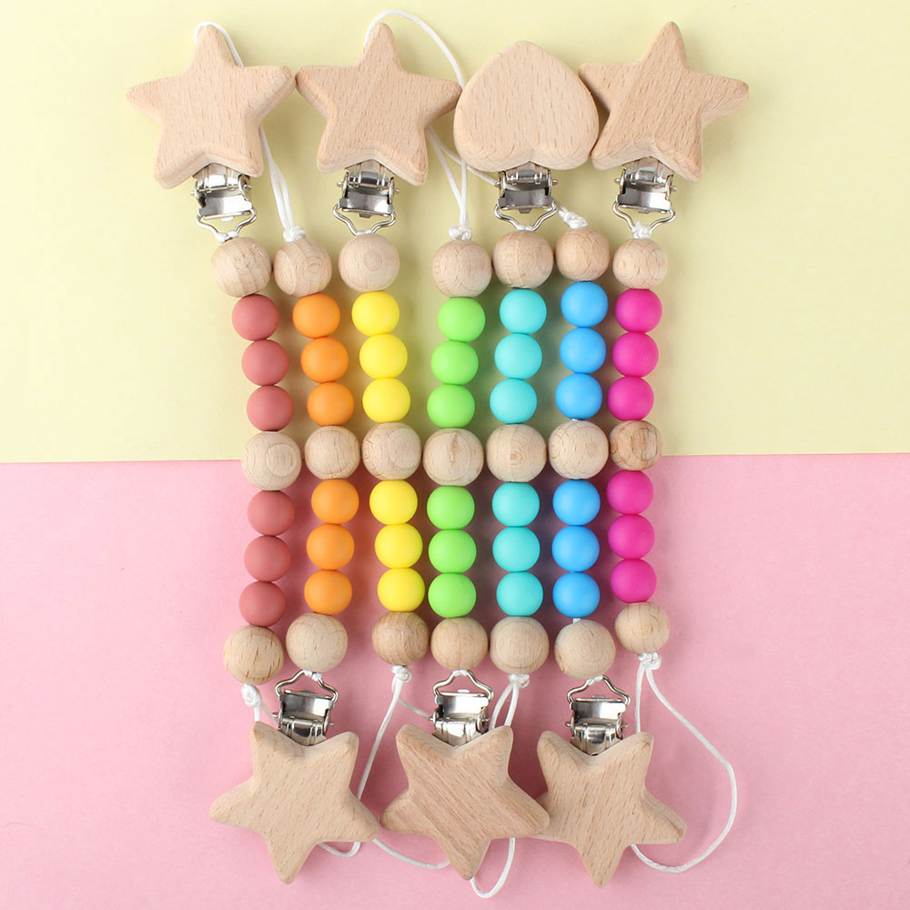 Baby Pacifier Clips Newborn Silicone Teething Beads Holder for Pacifiers Boy Girls Nipple Clip Chian Wooden Teethers Toy Pendent