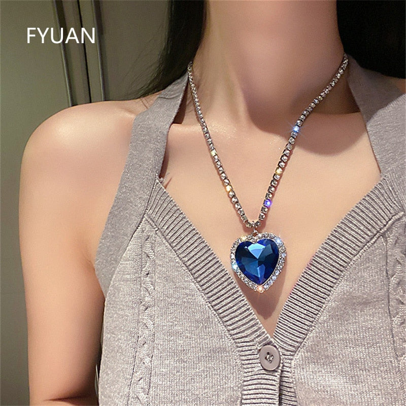 FYUAN Blue Heart Crystal Necklaces for Women Long Chain Pendant Necklaces Statement Jewelry