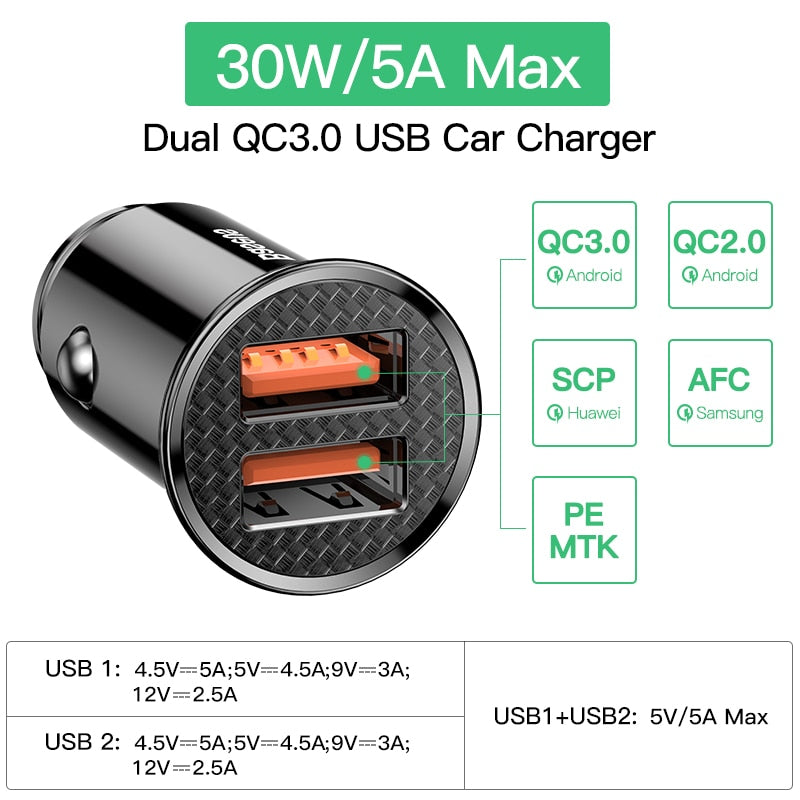 Baseus 30W Car Charger QC 4.0 QC 3.0 For Xiaomi Huawei Supercharge SCP Samsung AFC PD Fast Charging For IP USB C Phone Charger