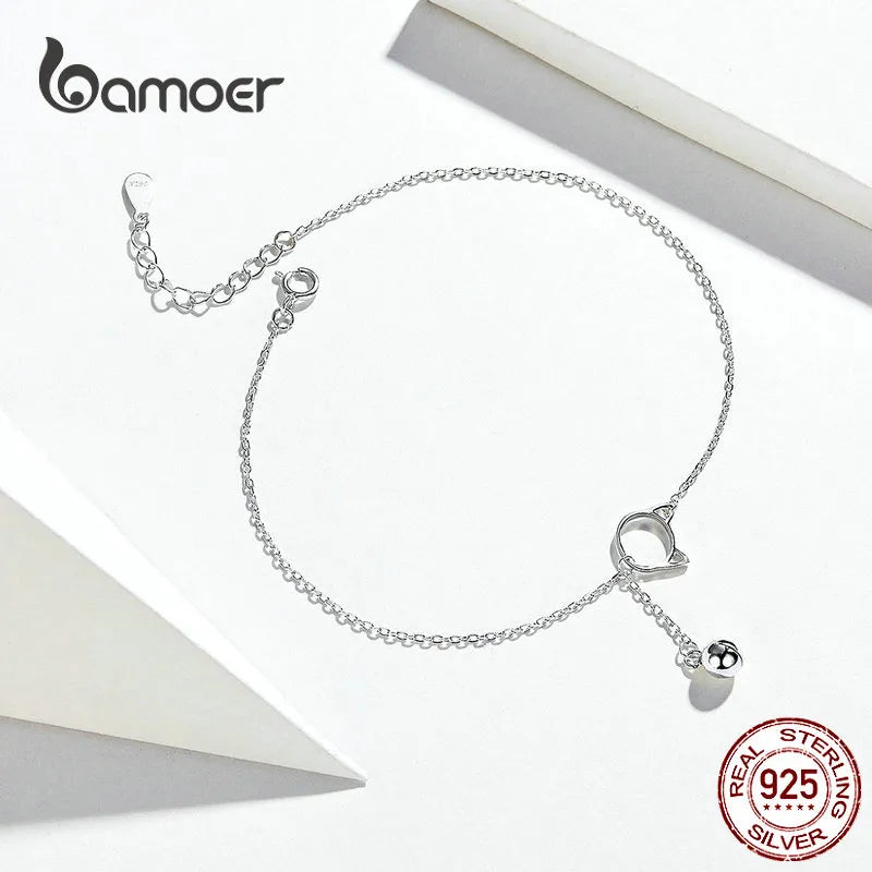 bamoer Foot Jewelry Anklet Simple Bell And Cat Bracelet for Ankle Real Solid 925 Sterling Silver Anklets For Women SCT003