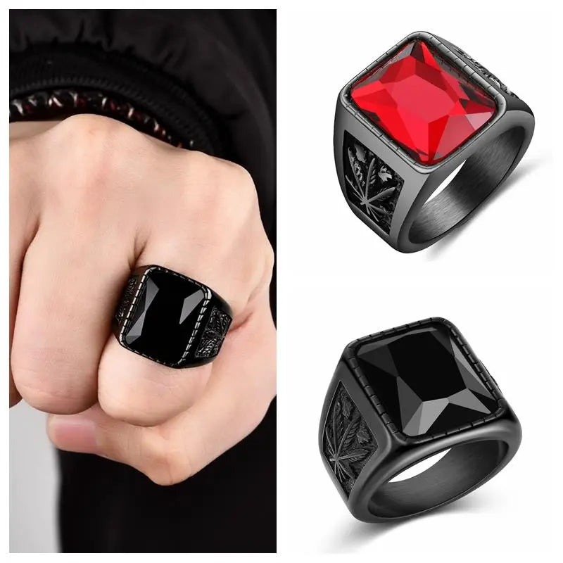 OBSEDE Trendy Men Square Black Red Stone Ring Titanium Steel Retro Signet Ring Rock Punk Male Jewelry Accessories Boyfriend Gift