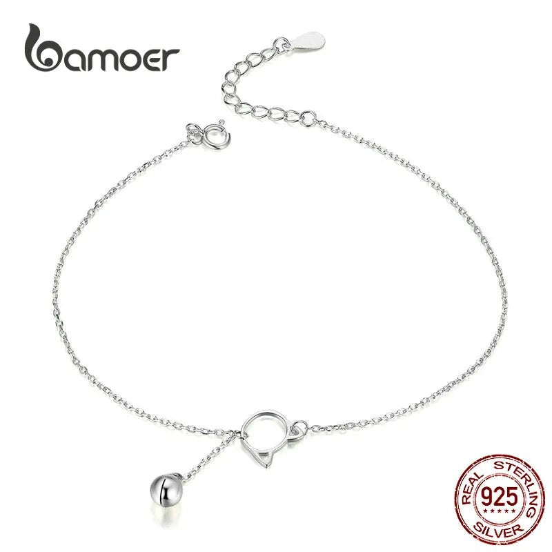 bamoer Foot Jewelry Anklet Simple Bell And Cat Bracelet for Ankle Real Solid 925 Sterling Silver Anklets For Women SCT003