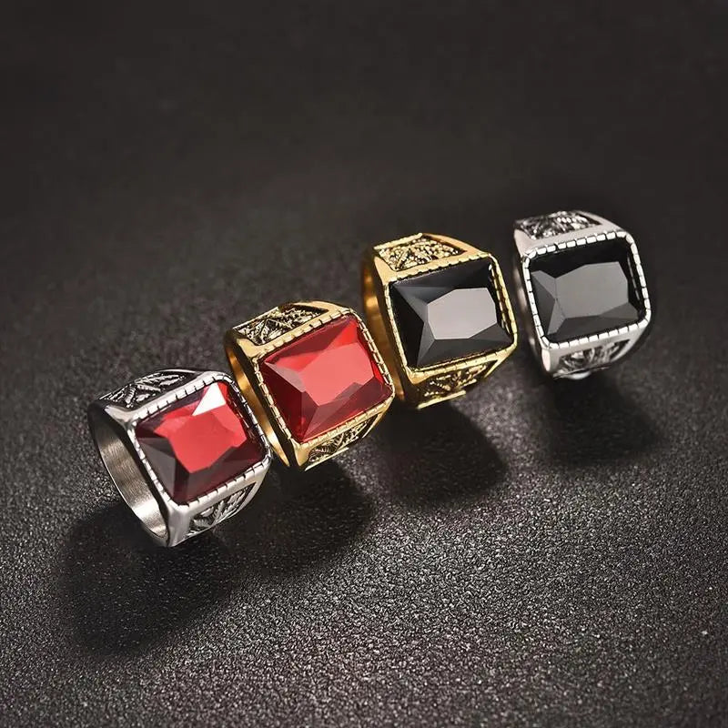 OBSEDE Trendy Men Square Black Red Stone Ring Titanium Steel Retro Signet Ring Rock Punk Male Jewelry Accessories Boyfriend Gift