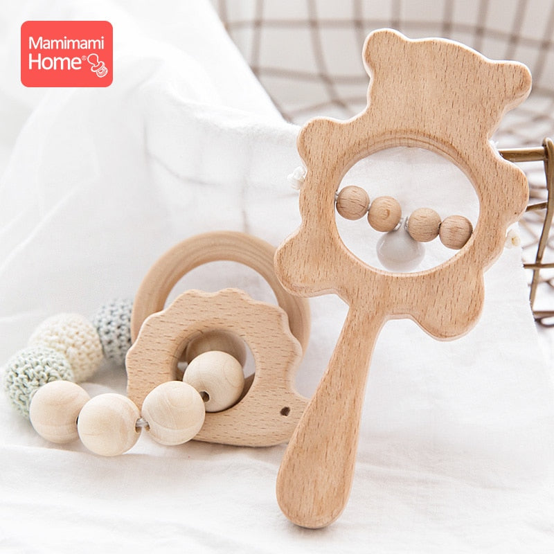 1Set Baby Toys Music Rattle Wood Crochet Bead Bracelet Wooden Rodent Chew Play Gym Montessori Baby Teether Products Newborn Gift