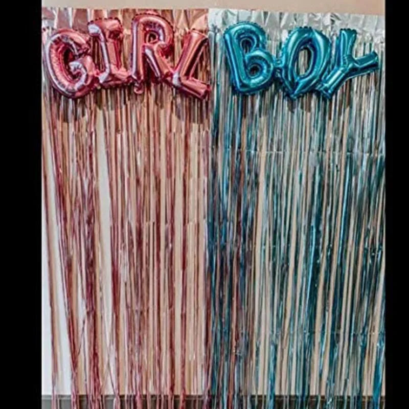 Gender Reveal Decor Metallic Fringe Curtains Blue BOY Pink Girl Foil Balloons Pink Blue Fringe Curtains Gender Reveals Supplies