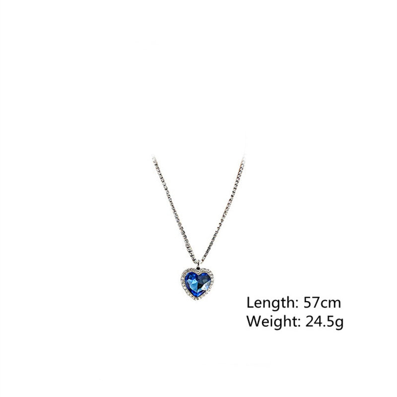 FYUAN Blue Heart Crystal Necklaces for Women Long Chain Pendant Necklaces Statement Jewelry