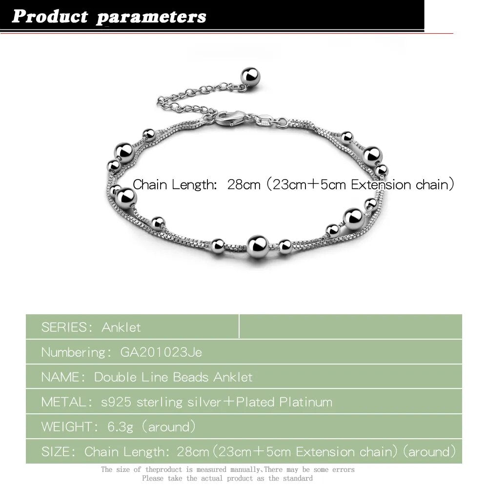 Women's 100% 925 Sterling Silver Anklet Minimalist Bead Box Chain Ankle Bracelet Summer Charm Jewelry Beach Foot Accessories