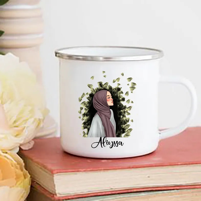 Personalised Hijabi Girl Printed Mug Coffee Cups Drinks Water Cup Muslim Girls Custom Name Enamel Handle Mugs Handle Eid Gifts