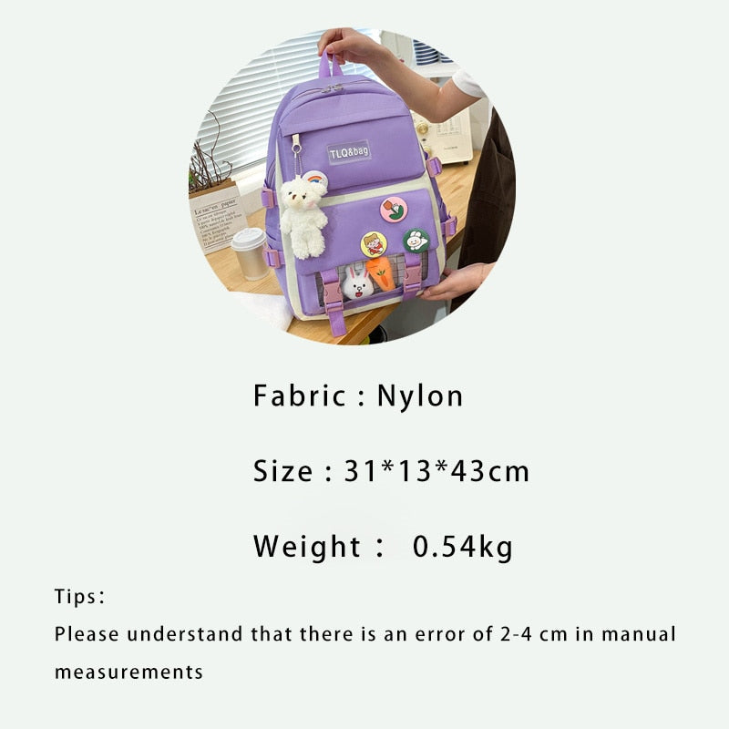 TRAVEASY 2023 New 4 Pcs Sets Women High School Bags Nylon Kawaii Women Backpack Fashion Book Bags Female with Plush Pendant Cute