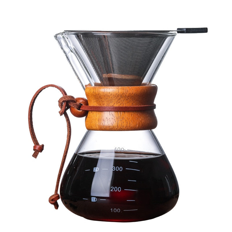 Glass Coffee Kettle with Stainless Steel Filter Drip Brewing Hot Brewer Coffee Pot Dripper Barista Pour Over Coffee Maker 400ml