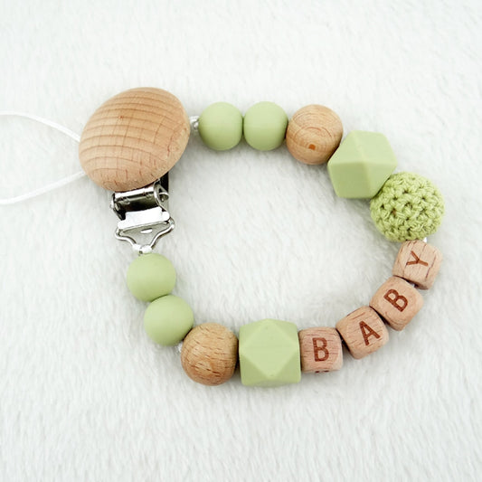 Handmade Free Personalized Name Silicone Wood Pacifier Clips Safe Teething Chain Baby Teether Eco-friendly Dummy Clips Holder