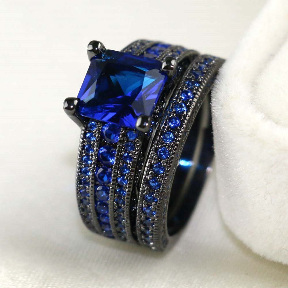 Charm Couple Rings Romantic Blue Rhinestones Women Rings Set Trendy Men's Stainless Steel Ring Fashion Jewelry For Lover Gifts