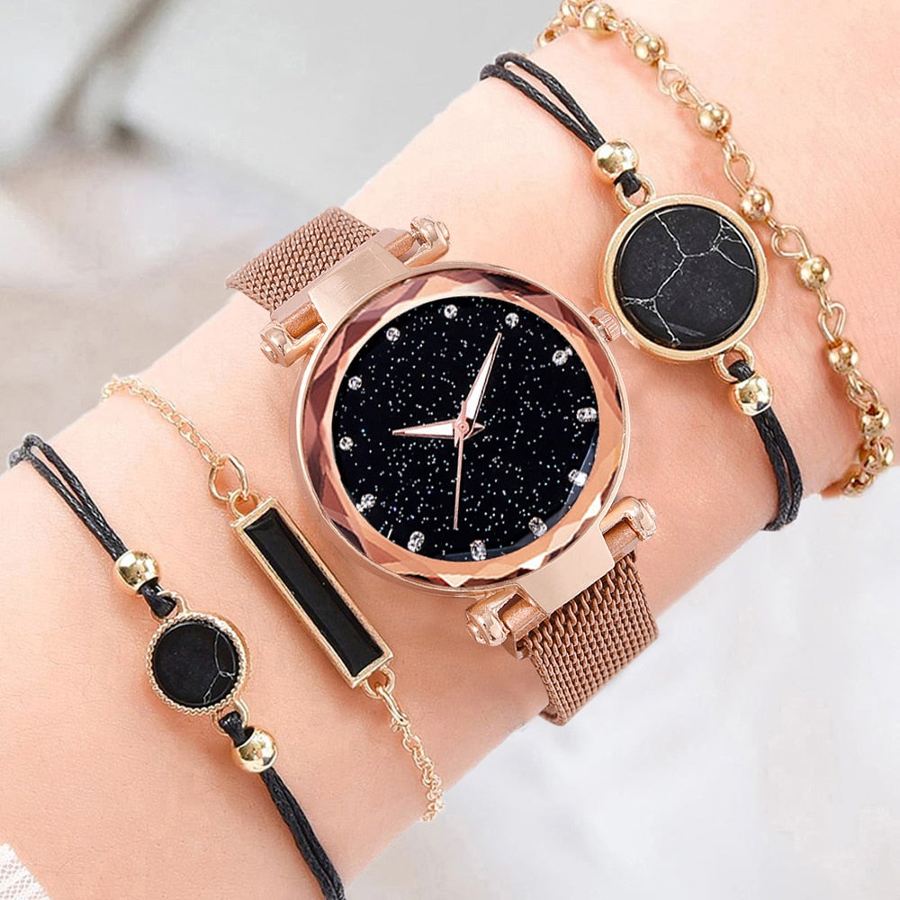 5PCS Watch Set Luxury Magnet Buckle Women Watches Dropshipping Bracelet Ladies Quartz Wrist Watch Female Clock Gift Reloj Mujer