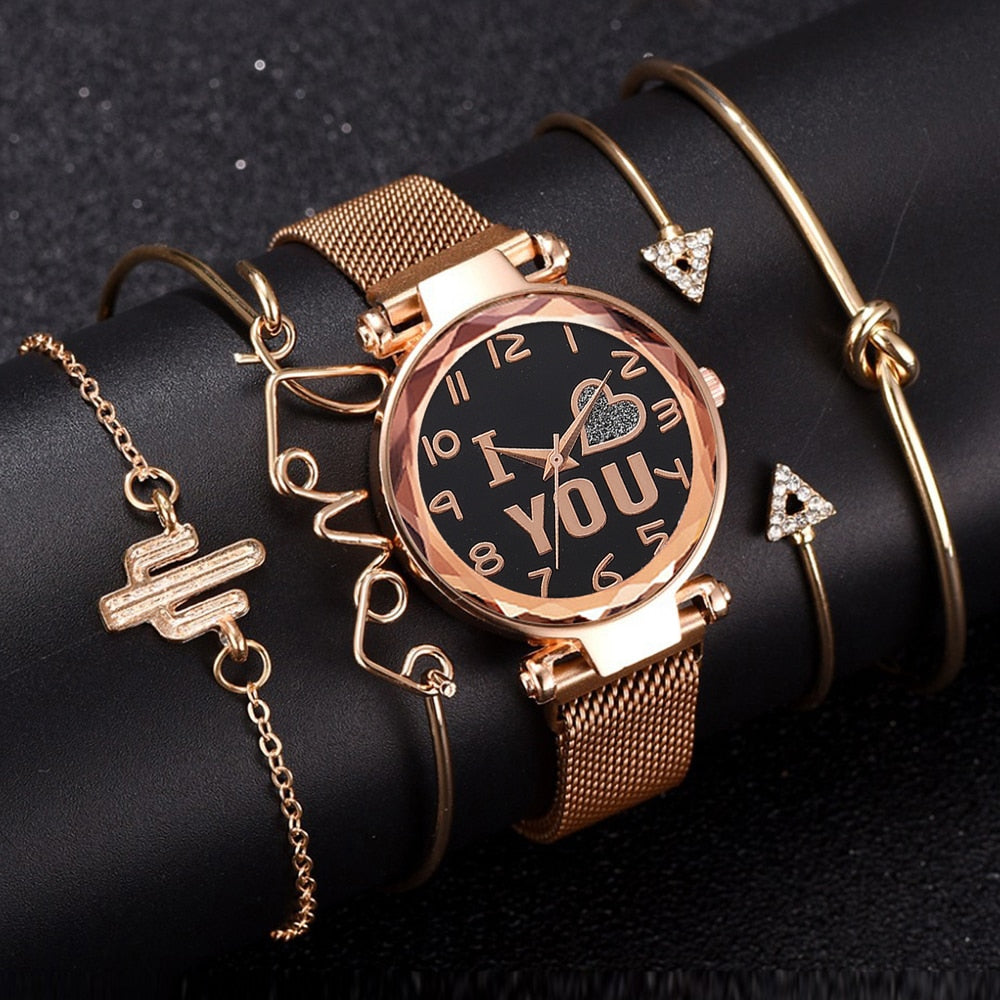 5PCS Watch Set Luxury Magnet Buckle Women Watches Dropshipping Bracelet Ladies Quartz Wrist Watch Female Clock Gift Reloj Mujer