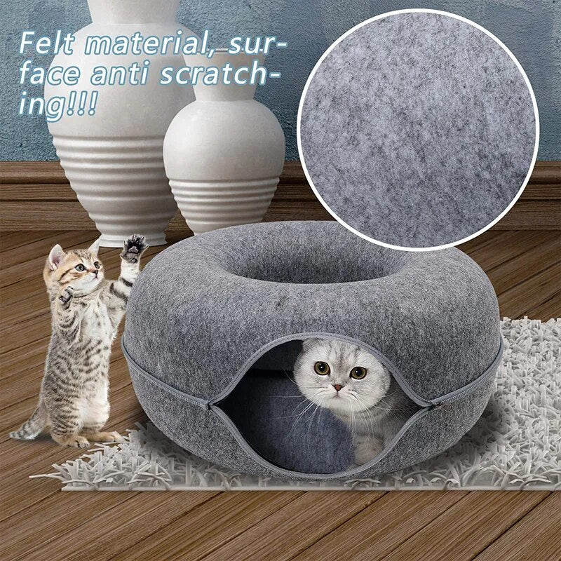 Felt Cat Tunnel Bed, Kitten Tunnel, Cat Hideout, Donut Cat Bed, Universal for All Seasons Cat Condo and Cat Cave for Small Pets