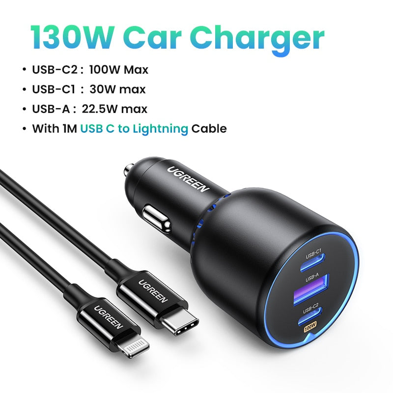 UGREEN 130W USB C Car Charger For Xiaomi iPhone 14 13 Pro Laptops Tabet PD3.0 Quick Charger Fast Charging USB Type C Car Charger