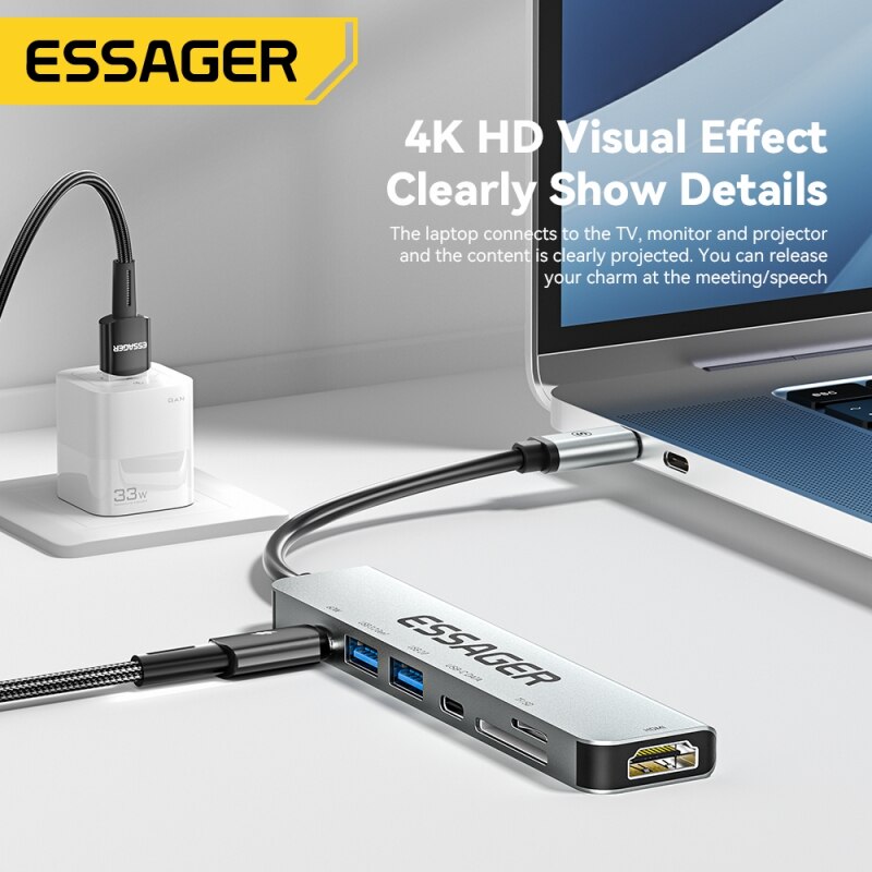 Essager USB C Hub 7 In 1 Type C 3.1 To 4K HDMI Adapter with RJ45 SD/TF Card Reader PD Fast Charge for MacBook Laptop Computer