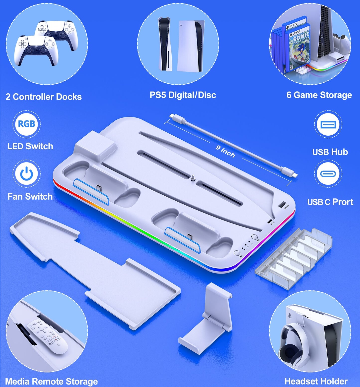 Led Cooling Staion for PS5 Vertical Stand dual Controller Charging Dock for Sony Playstation 5 Disc/Digital RGB Cool Light