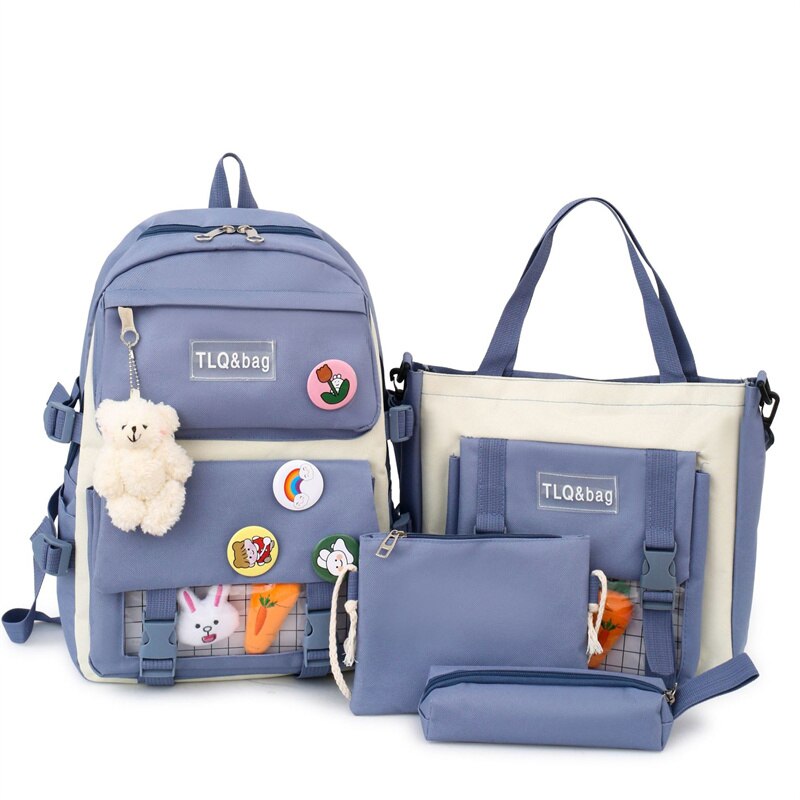 TRAVEASY 2023 New 4 Pcs Sets Women High School Bags Nylon Kawaii Women Backpack Fashion Book Bags Female with Plush Pendant Cute