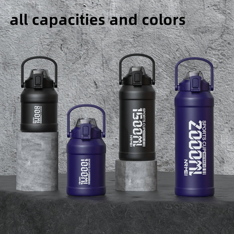 2L Water Bottle Thermos Bottle with Removable Straw, Protable Stainless Steel Water Bottle with Carry Handle for Gym