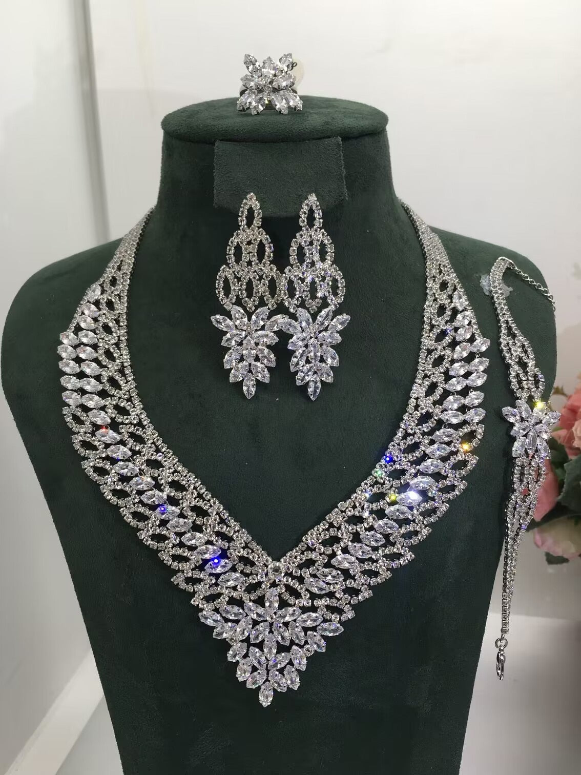 Janekelly 4pcs Bridal Zirconia Full Jewelry Sets For Women Party, Luxury Dubai Nigeria CZ Crystal Wedding Jewelry Sets