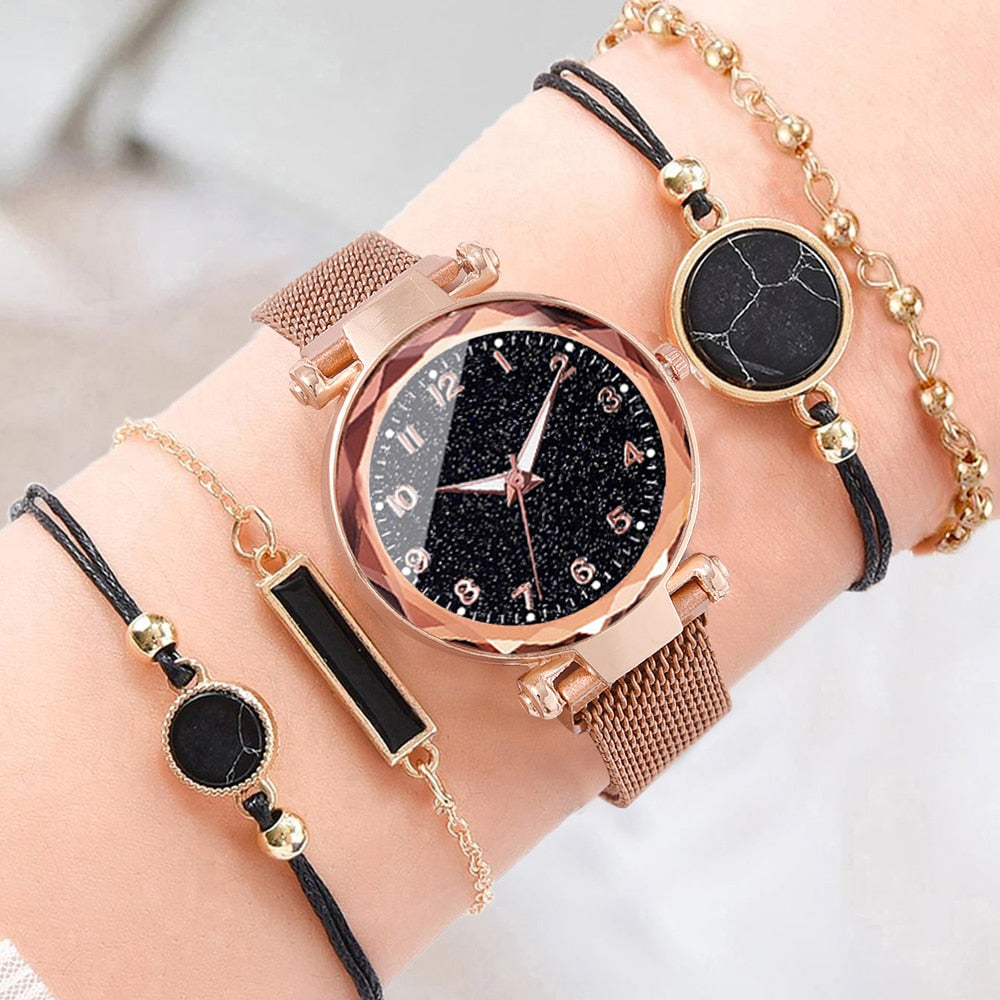 5PCS Watch Set Luxury Magnet Buckle Women Watches Dropshipping Bracelet Ladies Quartz Wrist Watch Female Clock Gift Reloj Mujer