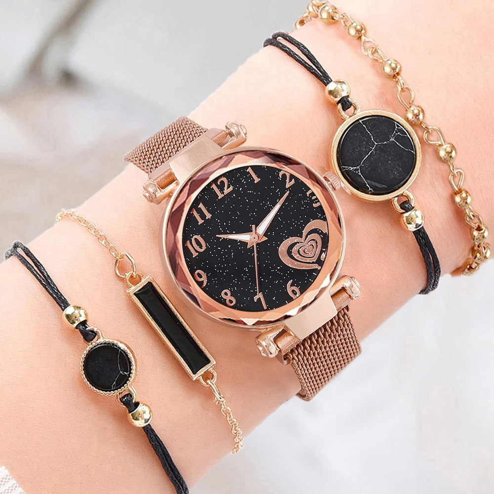 5PCS Watch Set Luxury Magnet Buckle Women Watches Dropshipping Bracelet Ladies Quartz Wrist Watch Female Clock Gift Reloj Mujer