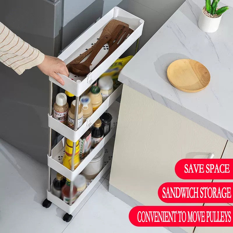 3/4Tier Durable Rolling Trolley Multi-storey Cart Storage Shelf Movable Gap Storage Rack Kitchen Bathroom Slim Slide Organizer