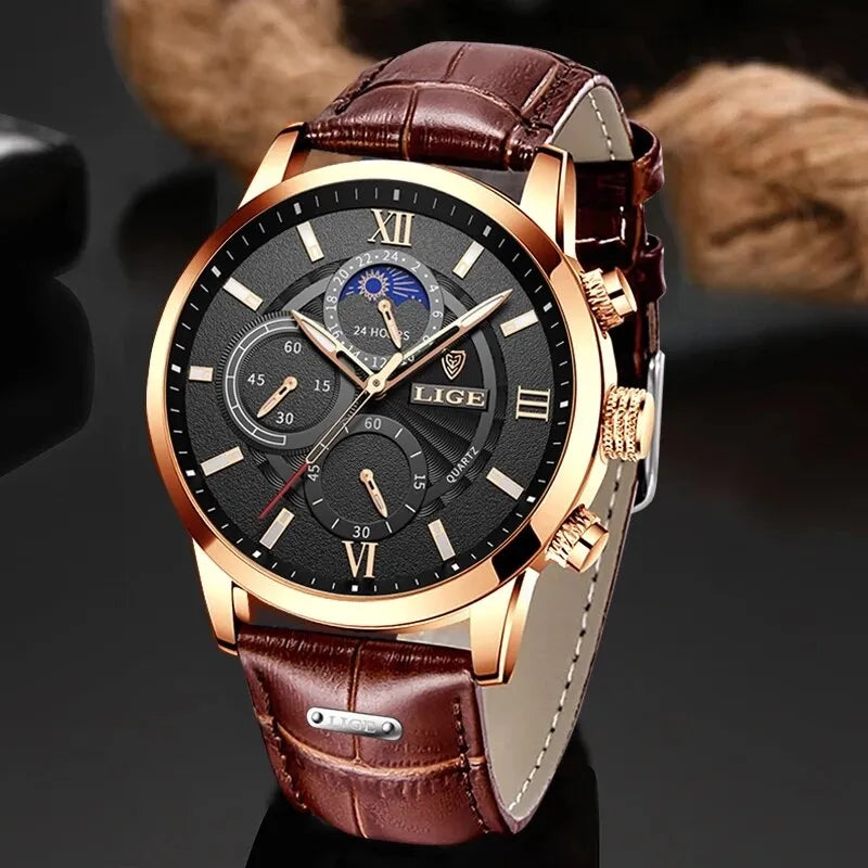 2023 New Mens Watches Top Brand Luxury Brown Leather Casual Quartz Watch Men Sport Waterproof Clock Watch Relogio Masculino