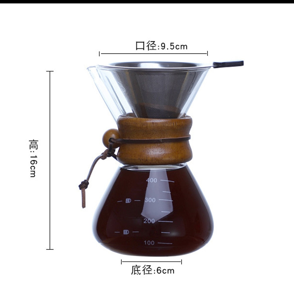 Glass Coffee Kettle with Stainless Steel Filter Drip Brewing Hot Brewer Coffee Pot Dripper Barista Pour Over Coffee Maker 400ml