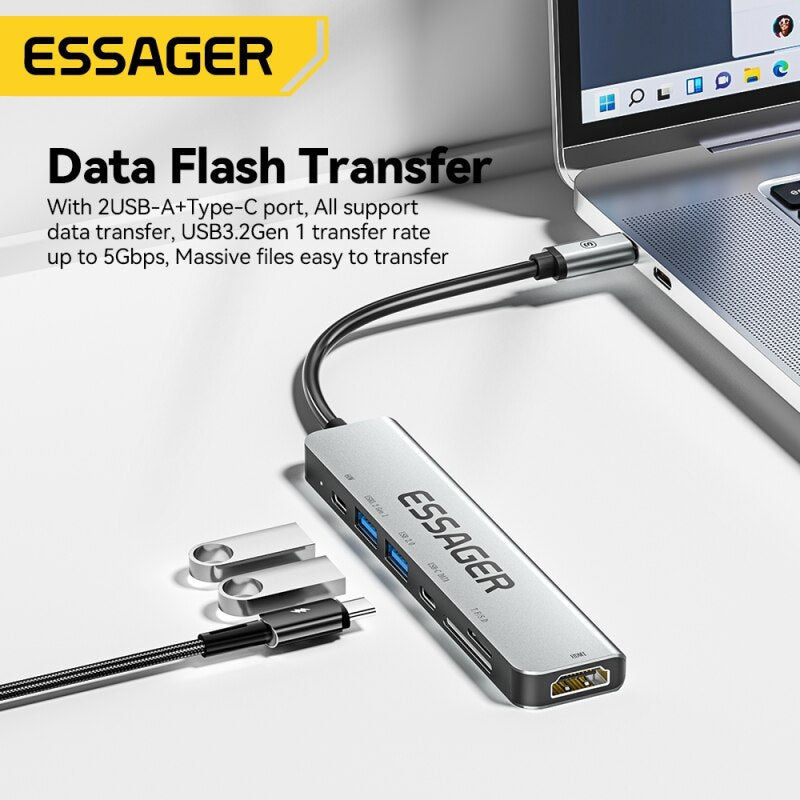 Essager USB C Hub 7 In 1 Type C 3.1 To 4K HDMI Adapter with RJ45 SD/TF Card Reader PD Fast Charge for MacBook Laptop Computer