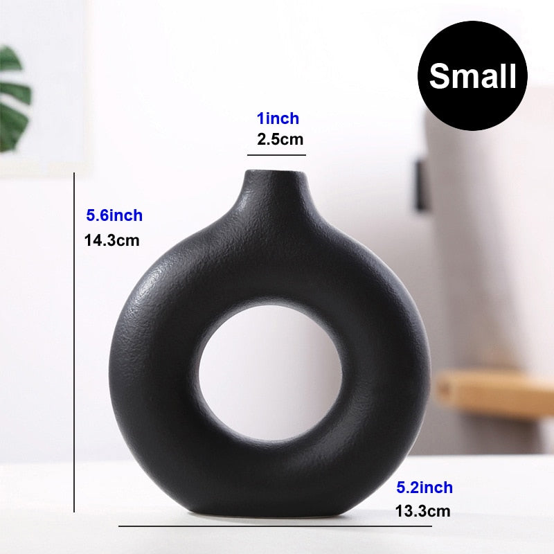 Nordic Vase Circular Hollow Ceramic Donuts Flower Pot Home Living Room Decoration Accessories Interior Office Desktop Decor Gift