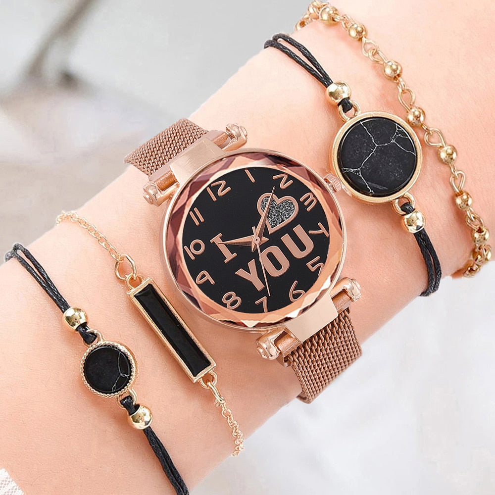 5PCS Watch Set Luxury Magnet Buckle Women Watches Dropshipping Bracelet Ladies Quartz Wrist Watch Female Clock Gift Reloj Mujer