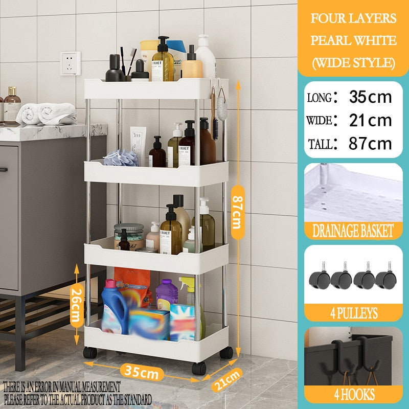 3/4Tier Durable Rolling Trolley Multi-storey Cart Storage Shelf Movable Gap Storage Rack Kitchen Bathroom Slim Slide Organizer