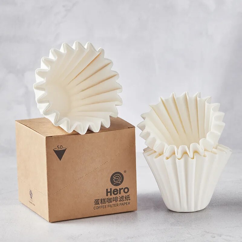 Hero 50/100 Pcs Coffee Cup Filter Paper White Cake Cup Wave Coffee Filter Paper Bowl Espresso Machine Accessories for 1-4 Cups