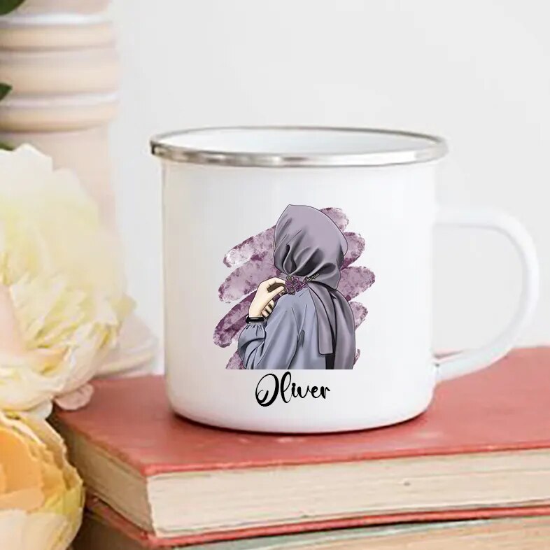 Personalised Hijabi Girl Printed Mug Coffee Cups Drinks Water Cup Muslim Girls Custom Name Enamel Handle Mugs Handle Eid Gifts