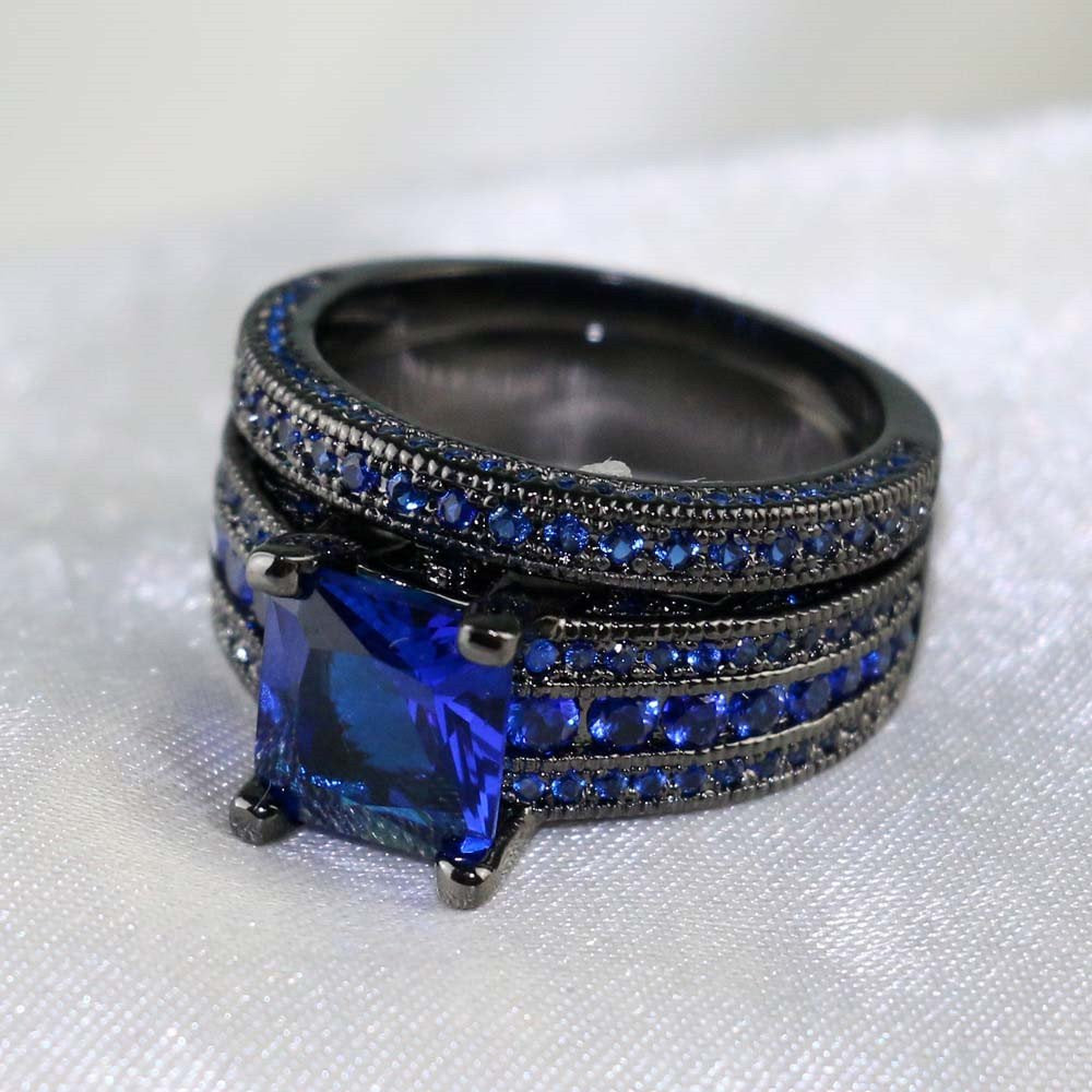 Charm Couple Rings Romantic Blue Rhinestones Women Rings Set Trendy Men's Stainless Steel Ring Fashion Jewelry For Lover Gifts