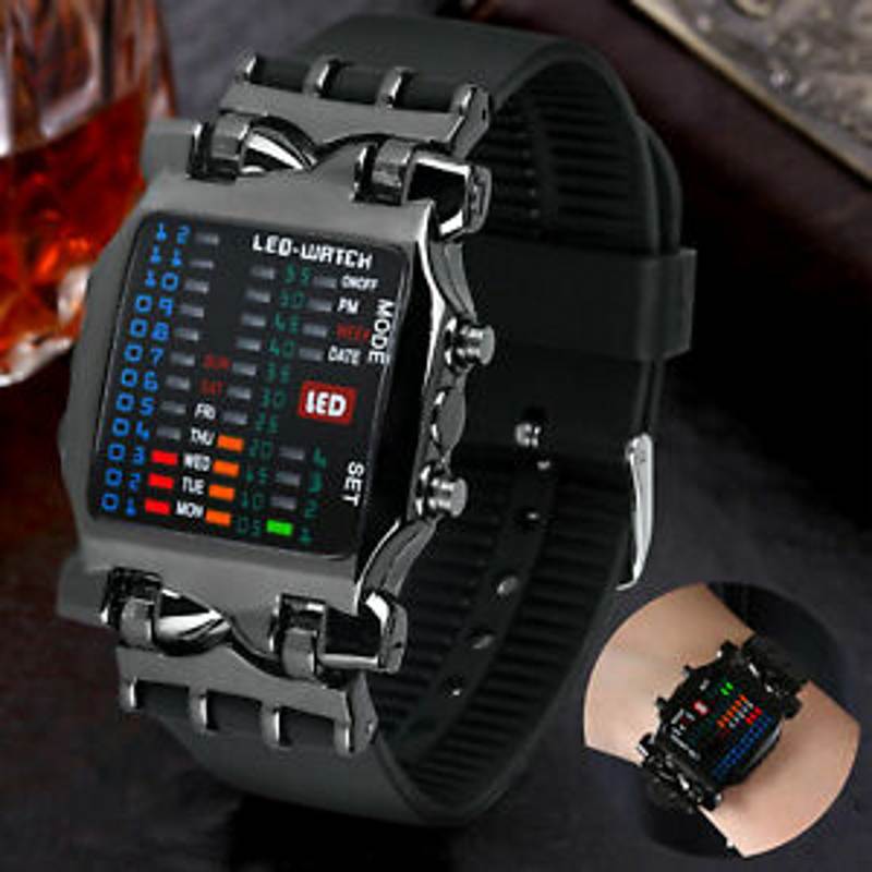 Boys Mens Binary Watch Fashion Binary LED Digital Wristwatch Date Square Dial Casual Plastic Strap Bracelet Watch