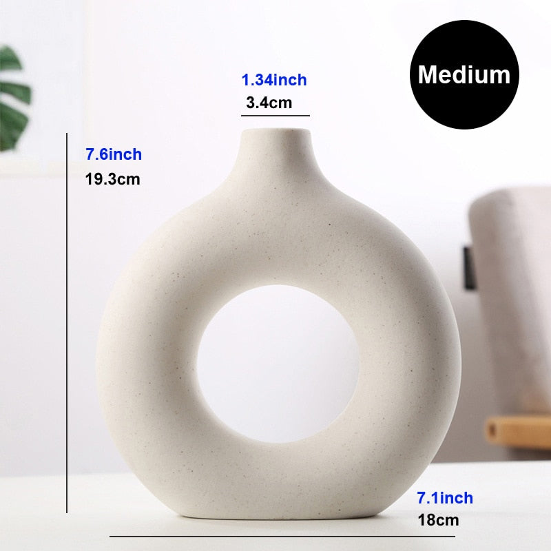 Nordic Vase Circular Hollow Ceramic Donuts Flower Pot Home Living Room Decoration Accessories Interior Office Desktop Decor Gift