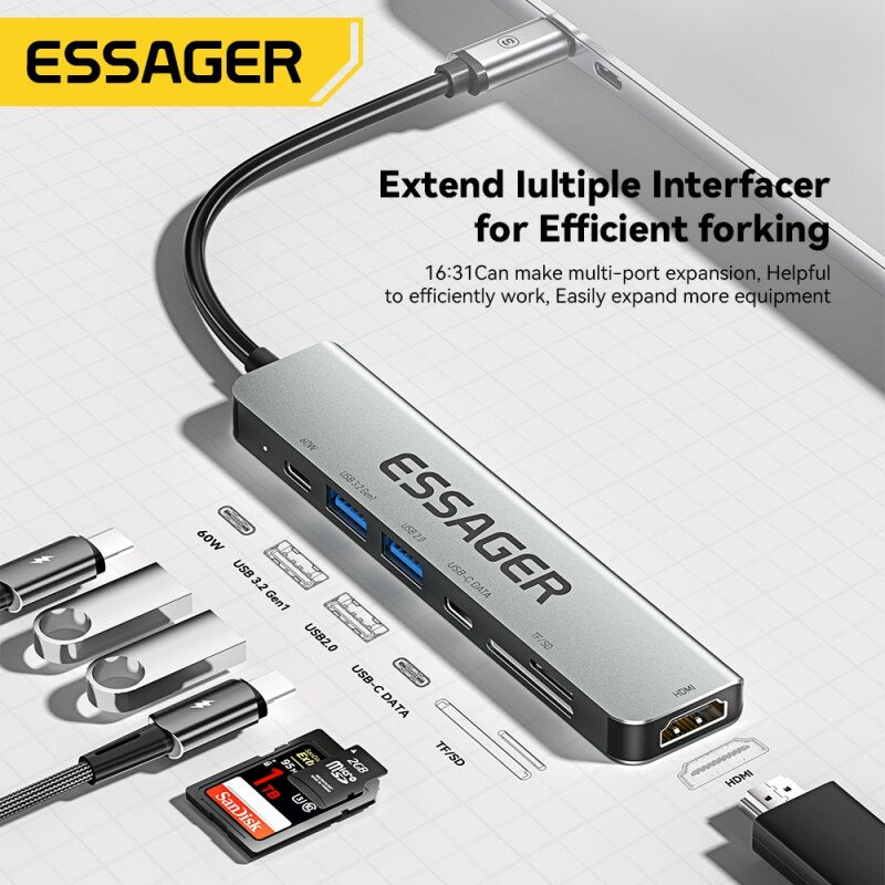 Essager USB C Hub 7 In 1 Type C 3.1 To 4K HDMI Adapter with RJ45 SD/TF Card Reader PD Fast Charge for MacBook Laptop Computer