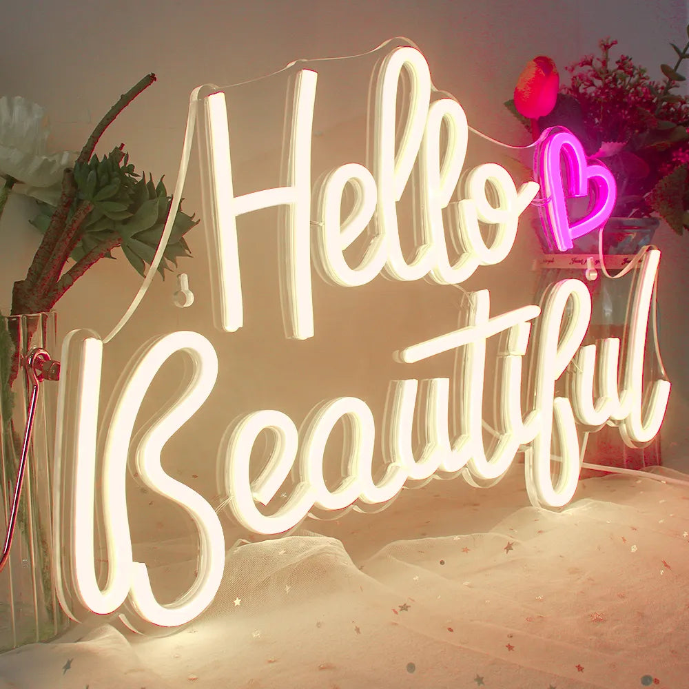 Ineonlife Hello Beautiful LED Light Made Neon Sign Bedroom House Wedding Bar Party Festival Room Wall Decor Valentines Day Gift